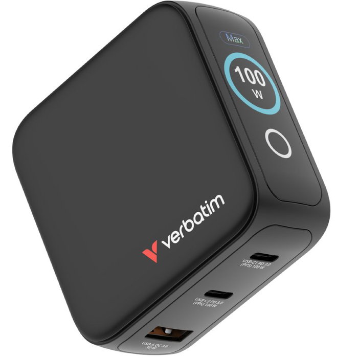 Verbatim Mini GaN Charger 100W con pantalla TFT y 3 puertos (EU/UK/US) de color Negro